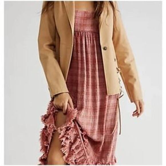 Free People Lily Anne Maxi Dress Plaid Ruffle Hem BackTie Rose Terracotta M - Picture 1 of 15